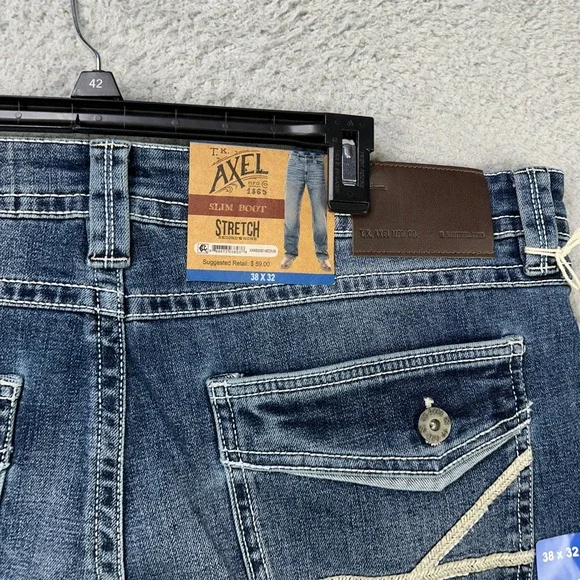 T.K. Axel Jeans Slim Boot Mens 38X32 Blue Distressed Stretch 5 Pocket Denim NEW